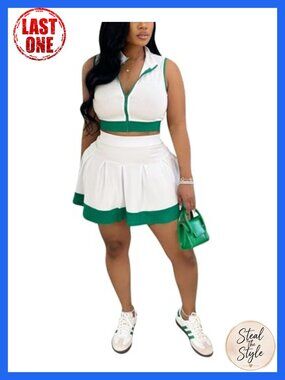 Pleated Two Piece Tennis Skirt Set Sleeveless Zipper Crop Top Golf Skort